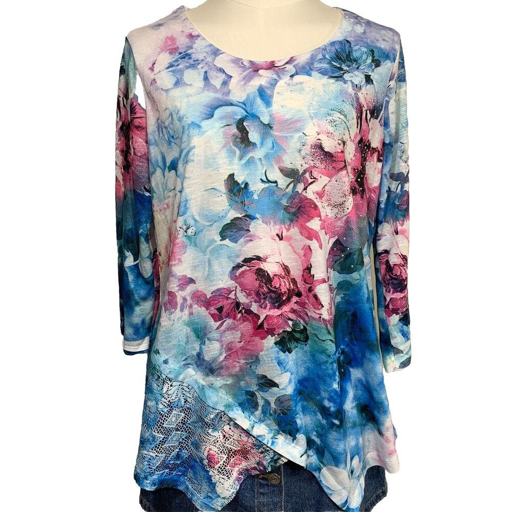 Time and Tru Floral Top Womens Small Blue Pink Rhinestone Lace 3/4 Sleeve Blouse